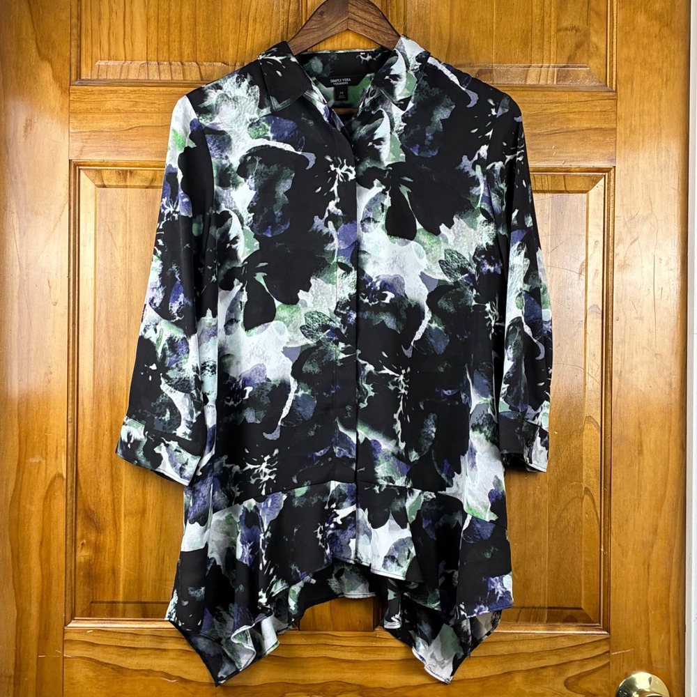 Simply Vera Vera Wang Floral Peplum High Low Ruffle Hem Blouse Medium Tunic